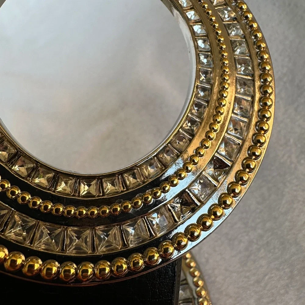 Chicos Black Leather Belt S/M Double Circle Rhinestone Beaded Buckle Glam Statem